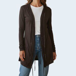 Kenar Women's Cardigan Duster Open Front Tie Black Beaded Long Sleeve Small EUC